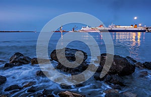 Â Passenger ferries in the port at dusk at sunset, Heraklion, Crete, Greece